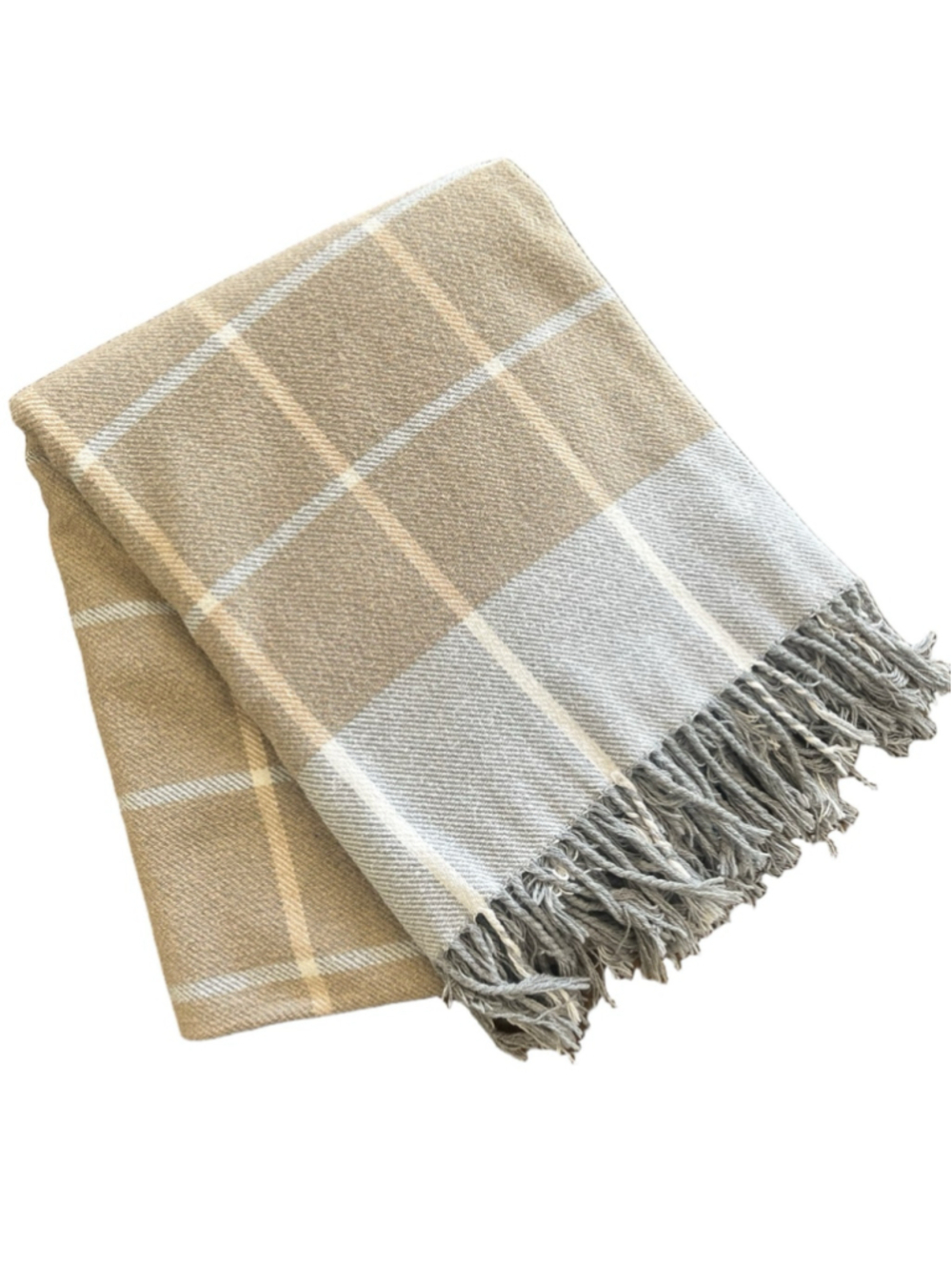 Plaid Throw Blanket Beige Tan Grey Indoor Outdoor Fringe Hem